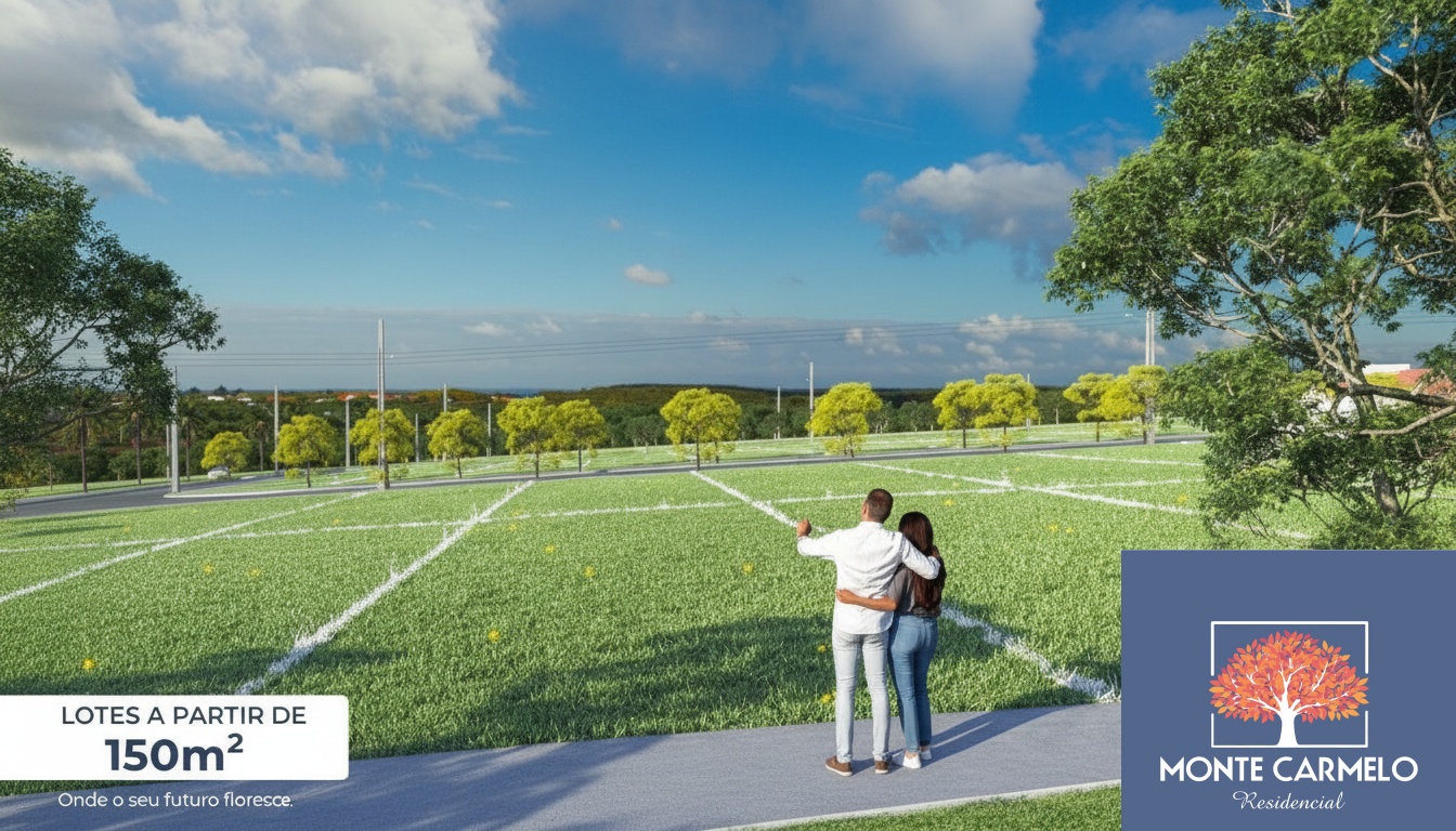 Casal olhando para um loteamento com lotes demarcados.