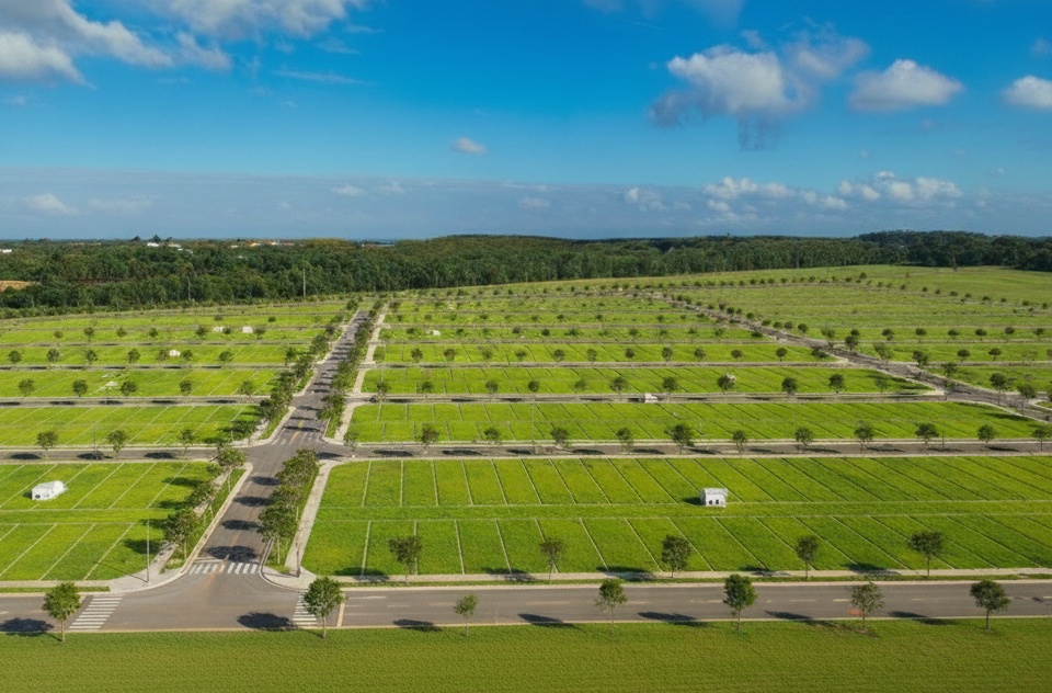 Vista aérea do loteamento Monte Carmelo, mostrando os lotes e a infraestrutura.